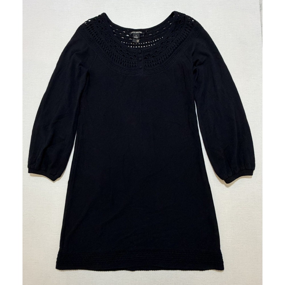 Lucky Brand Women's Size Medium Wool Blend Crochet Dress Black Long Sleeve